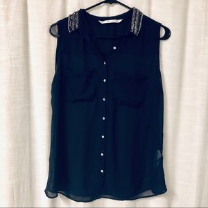 Zara Dark Navy Sleeveless Top with Jeweled Collar